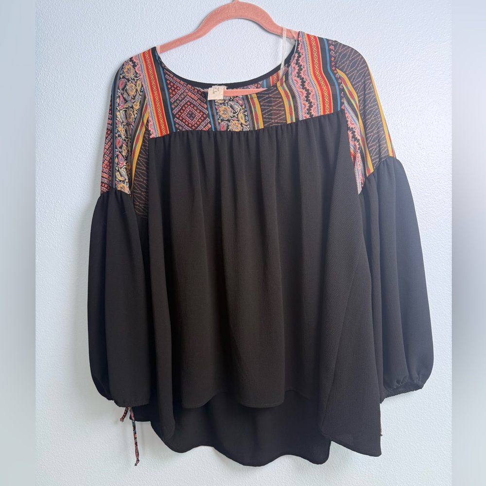 Boutique Women's Black Peasant Blouse with Colorful Embroidered Yoke